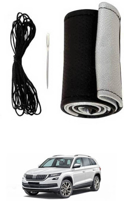 MSNP Hand Stiched Steering Cover For Skoda Universal For Car(Silver Black, Leatherite)