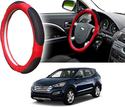 Selifaur Steering Cover For Hyundai SantaFe(Black Red, Leatherite, Fabric)