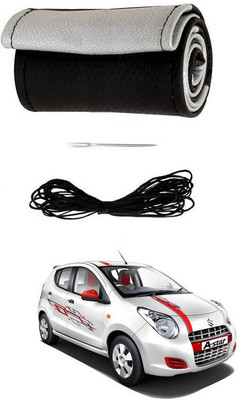 RKPSP Hand Stiched Steering Cover For Universal For Car A-Star(Silver/Black, Leatherite)