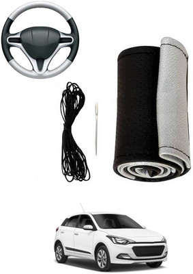 MATIES Hand Stiched Steering Cover For Hyundai Elite i20(Silver, Black, Leatherite)