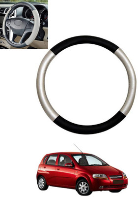 monolive Hand Stiched Steering Cover For Chevrolet Aveo UVA(Silver/Black, Leatherite)