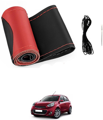 monolive Hand Stiched Steering Cover For Nissan Micra(Red/Black, Leatherite)