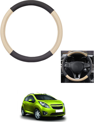 MATIES Steering Cover For Chevrolet Beat(Beige/Black, Leather)