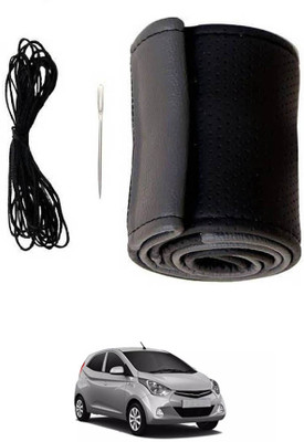 MATIES Hand Stiched Steering Cover For Hyundai Eon(Black/Grey, Leatherite)