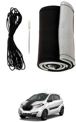 MATIES Hand Stiched Steering Cover For Datsun Universal For Car(Black-Silver, Leatherite)