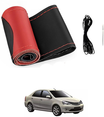 MATIES Hand Stiched Steering Cover For Toyota Etios Liva(Red/Black, Leatherite)