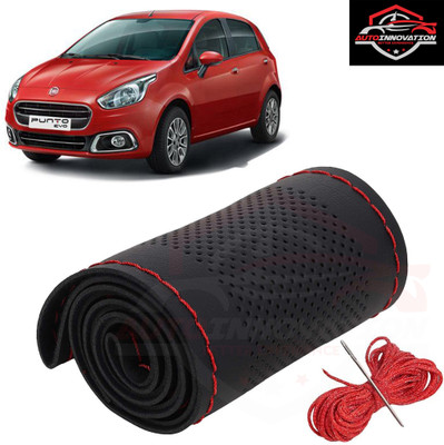 Autoinnovation Hand Stiched Steering Cover For Fiat Universal For Car(Black, Red, Leather)