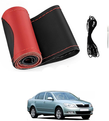 monolive Hand Stiched Steering Cover For Skoda Laura(Red/Black, Leatherite)