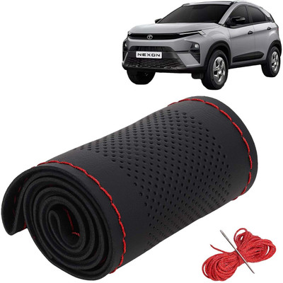 Kingsway Hand Stiched Steering Cover For Tata Universal For Car(Black Color with Red Thread, Leatherite)