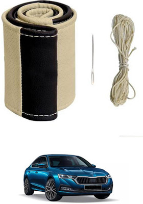 monolive Hand Stiched Steering Cover For Skoda Octavia(Beige/Black, Leatherite)