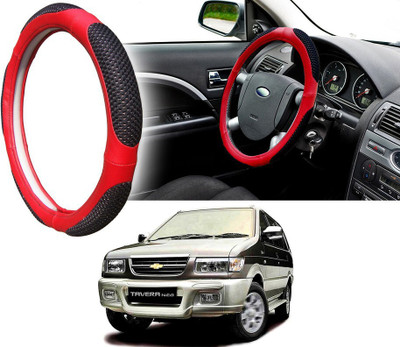 Selifaur Steering Cover For Chevrolet Tavera(Black Red, Leatherite, Fabric)
