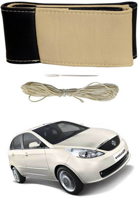 RKPSP Hand Stiched Steering Cover For Universal For Car Universal For Car(Beige/Black, Leatherite)