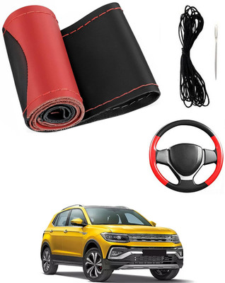 MATIES Hand Stiched Steering Cover For Volkswagen Universal For Car(Red/Black, Leatherite)