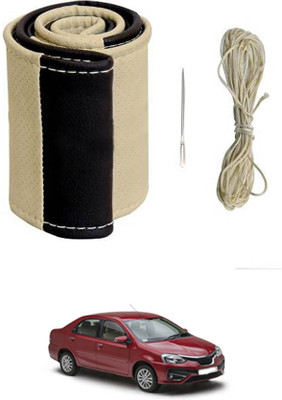 MATIES Hand Stiched Steering Cover For Toyota Etios(Beige/Black, Leatherite)