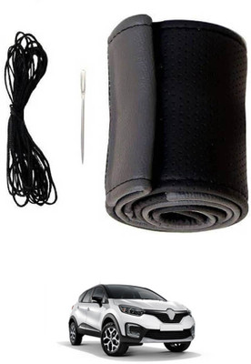 MATIES Hand Stiched Steering Cover For Renault Universal For Car(Black/Grey, Leatherite)