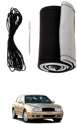 MATIES Hand Stiched Steering Cover For Hyundai Sonata(Black-Silver, Leatherite)