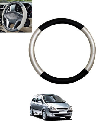 monolive Hand Stiched Steering Cover For Hyundai Getz(Silver/Black, Leatherite)