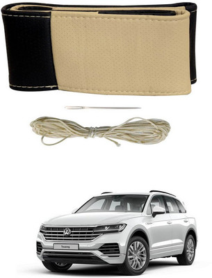RKPSP Hand Stiched Steering Cover For Universal For Car Touareg(Beige/Black, Leatherite)