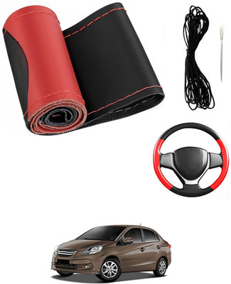 MATIES Hand Stiched Steering Cover For Honda Amaze(Red/Black, Leatherite)