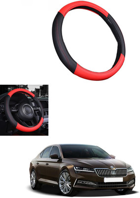MATIES Steering Cover For Skoda Superb(Red/Black, Leather)