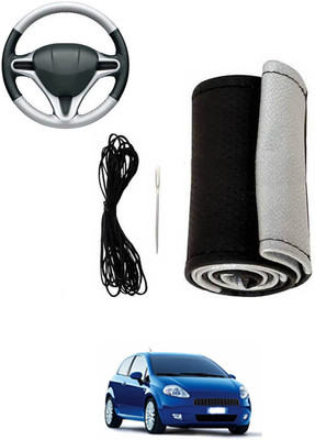 MATIES Hand Stiched Steering Cover For Fiat Grand Punto(Silver, Black, Leatherite)