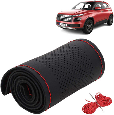Kingsway Hand Stiched Steering Cover For Hyundai Universal For Car(Black Color with Red Thread, Leatherite)