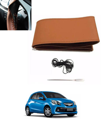 MATIES Hand Stiched Steering Cover For Honda Brio(Tan, Leatherite)