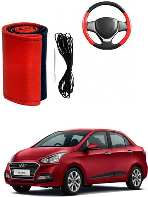 Autocom Hand Stiched Steering Cover For Hyundai Xcent(Red, Black, Leather)