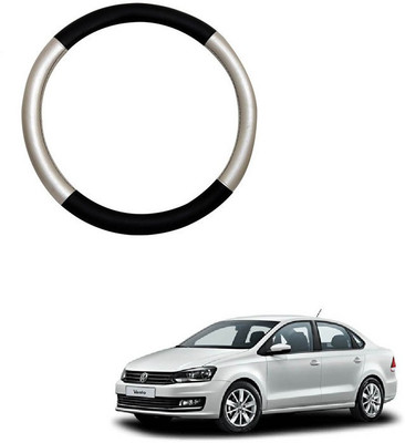RKPSP Hand Stiched Steering Cover For Universal For Car Vento(Silver/Black, Leatherite)