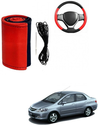 ARNEJA Hand Stiched Steering Cover For Honda City(Red, Black, Leather)