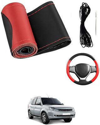 MATIES Hand Stiched Steering Cover For Tata Safari Storme(Red/Black, Leatherite)