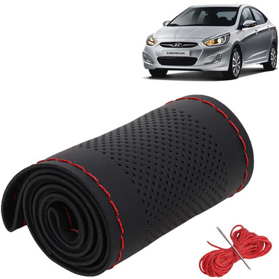Kingsway Hand Stiched Steering Cover For Hyundai Verna(Black Color with Red Thread, Leatherite)