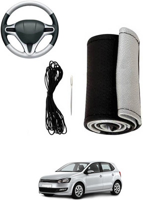 MATIES Hand Stiched Steering Cover For Volkswagen Polo(Silver, Black, Leatherite)