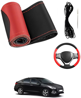 MATIES Hand Stiched Steering Cover For Hyundai Verna(Red/Black, Leatherite)