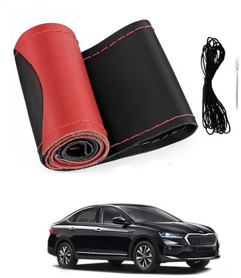 MATIES Hand Stiched Steering Cover For Skoda Universal For Car(Red/Black, Leatherite)