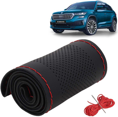 Kingsway Hand Stiched Steering Cover For Skoda Universal For Car(Black Color with Red Thread, Leatherite)