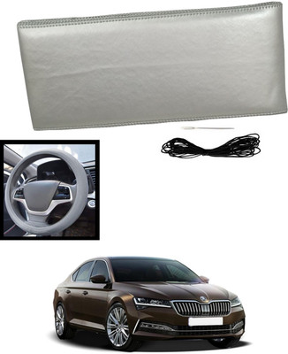 MATIES Hand Stiched Steering Cover For Skoda Superb(Silver, Leatherite)