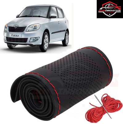 Autoinnovation Hand Stiched Steering Cover For Skoda Universal For Car(Black, Red, Leather)