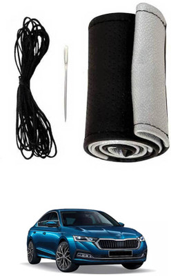 MSNP Hand Stiched Steering Cover For Skoda Octavia(Silver Black, Leatherite)