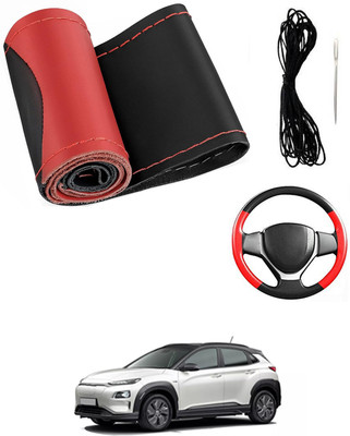 MATIES Hand Stiched Steering Cover For Hyundai Universal For Car(Red/Black, Leatherite)