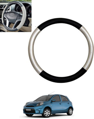 monolive Hand Stiched Steering Cover For Nissan Micra Active(Silver/Black, Leatherite)