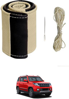 ABJD Hand Stiched Steering Cover For Hyundai TUV 300(Beige, Black, Leatherite)