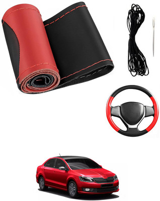 MATIES Hand Stiched Steering Cover For Skoda Rapid(Red/Black, Leatherite)