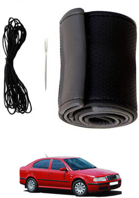 MATIES Hand Stiched Steering Cover For Skoda Octavia(Black/Grey, Leatherite)