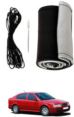 MSNP Hand Stiched Steering Cover For Skoda Octavia(Silver Black, Leatherite)