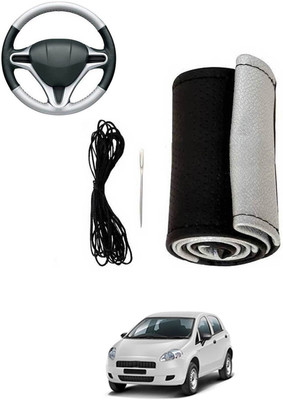 MATIES Hand Stiched Steering Cover For Fiat Punto(Silver, Black, Leatherite)