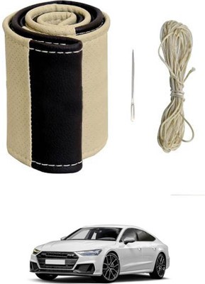 MATIES Hand Stiched Steering Cover For Audi S7(Beige/Black, Leatherite)