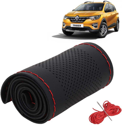 Kingsway Hand Stiched Steering Cover For Renault Universal For Car(Black Color with Red Thread, Leatherite)