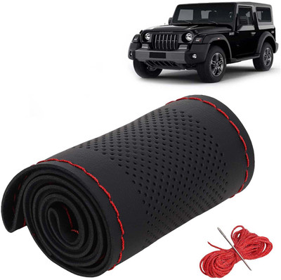 Kingsway Hand Stiched Steering Cover For Mahindra Thar(Black Color with Red Thread, Leatherite)