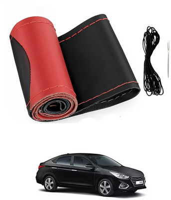 MSNP Hand Stiched Steering Cover For Hyundai Verna(Red & Black, Leatherite)